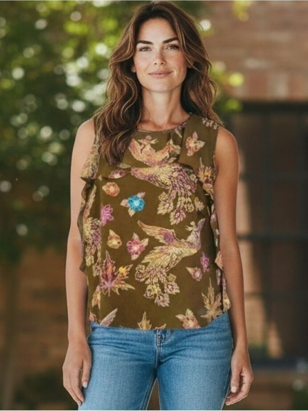 Large womens green fall theme sleeveless blouse BoHo flowy